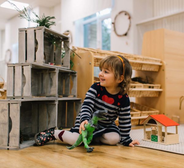 Child playing with toy dinosaur at the Maples Day Nursery