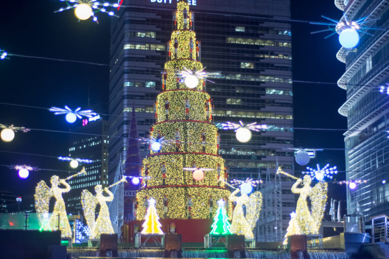 Cheonggyecheon Stream decorated with colourful lamp for Christmas